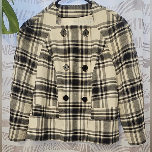 BANANA REPUBLIC FACTORY White/Black Plaid Double Breasted Jacket S Petite (PM) - Picture 4 of 8